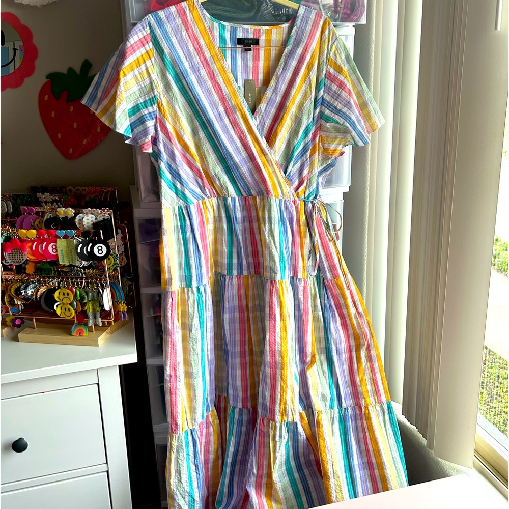 BNWT J CREW Rainbow Seersucker Midi Dress